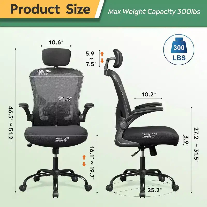 Sedia da ufficio ergonomica per utenti da 5'2 a 6'4, sedia da scrivania per computer con schienale alto in rete e braccioli ribaltabili, sedia per ufficio domestico ad alta capacità, nera