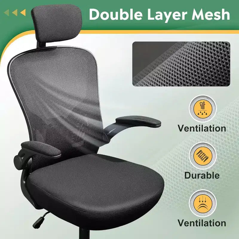 Sedia da ufficio ergonomica per utenti da 5'2 a 6'4, sedia da scrivania per computer con schienale alto in rete e braccioli ribaltabili, sedia per ufficio domestico ad alta capacità, nera