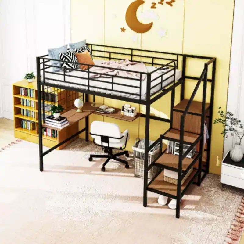 Letto a soppalco completo e versatile: metallo, scrivania, griglia, armadio, scala con contenitori