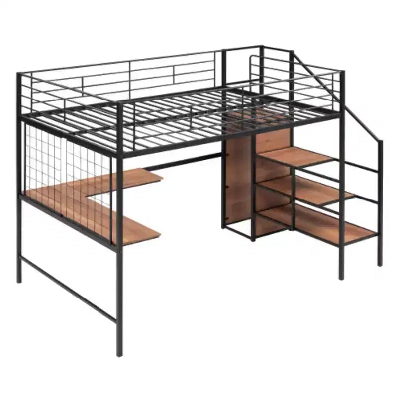 Letto a soppalco completo e versatile: metallo, scrivania, griglia, armadio, scala con contenitori