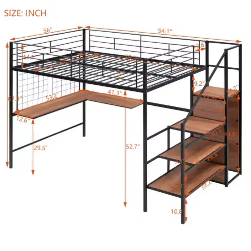 Letto a soppalco completo e versatile: metallo, scrivania, griglia, armadio, scala con contenitori