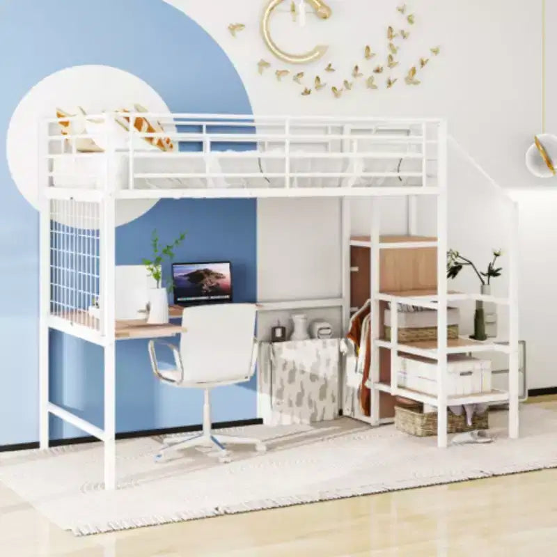 Letto a soppalco completo e versatile: metallo, scrivania, griglia, armadio, scala con contenitori