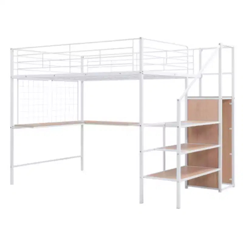 Letto a soppalco completo e versatile: metallo, scrivania, griglia, armadio, scala con contenitori
