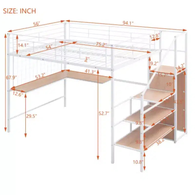 Letto a soppalco completo e versatile: metallo, scrivania, griglia, armadio, scala con contenitori