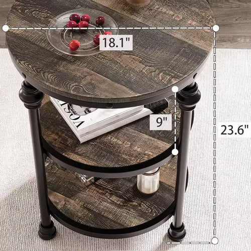 Tavolino rotondo a 3 ripiani con struttura in metallo, comodino rustico per soggiorno e camera da letto, design industriale