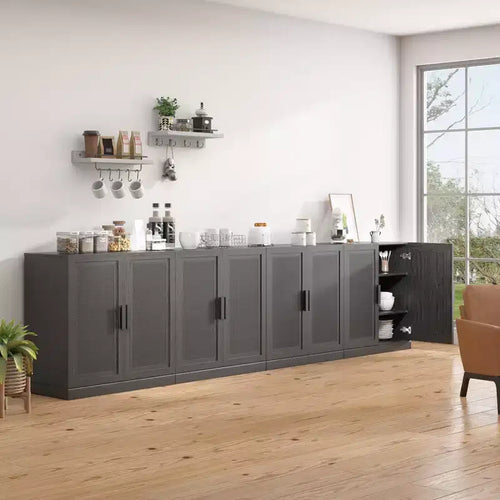 Credenza con finitura effetto legno nera, 31x124x16, organizer con ripiani regolabili e ante in rattan per cucina, camera da letto, soggiorno/sala da pranzo