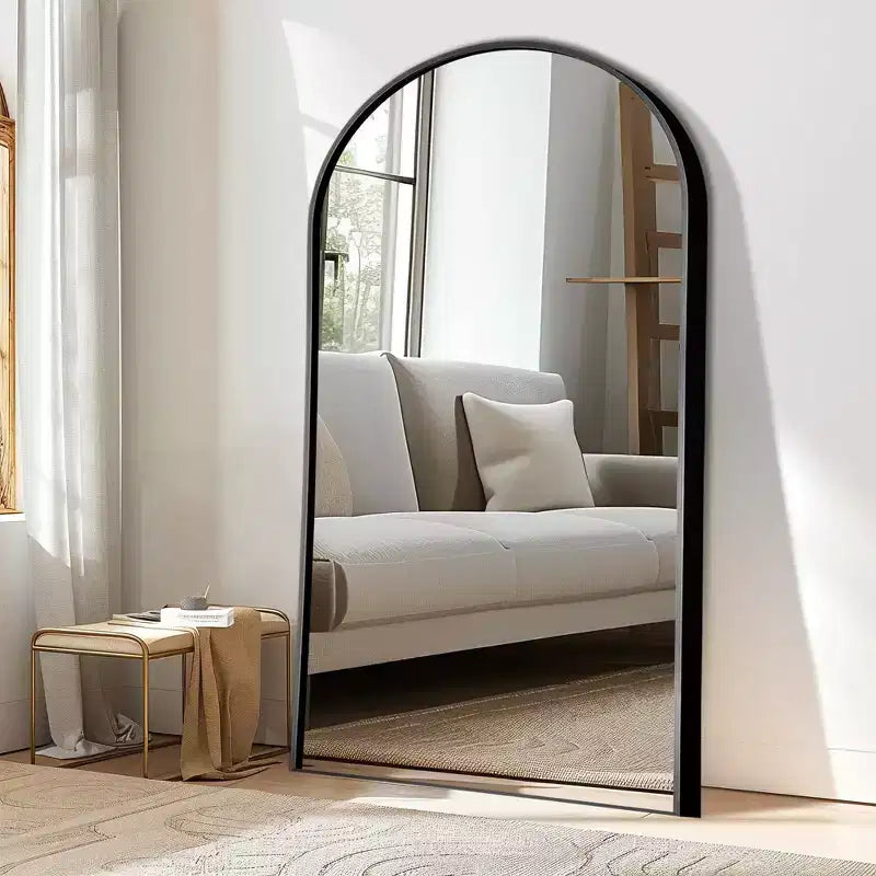Specchio ad arco a figura intera da 71x31, con sottile cornice in lega di alluminio nera, per bagno, camera da letto, soggiorno/guardaroba, con supporto
