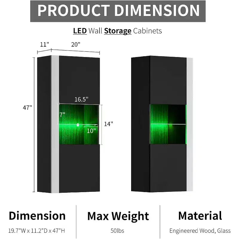 Wall Storage Cabinets with LED Lights, Modern Hanging Cabinets for Living Room/Bedroom, Set of 2