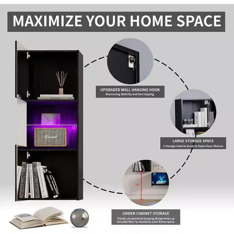 Wall Storage Cabinets with LED Lights, Modern Hanging Cabinets for Living Room/Bedroom, Set of 2