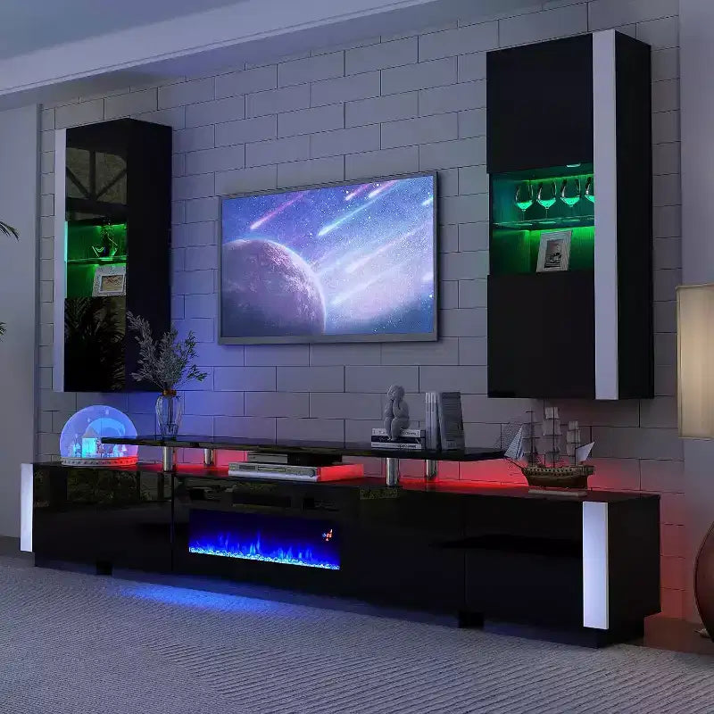 Wall Storage Cabinets with LED Lights, Modern Hanging Cabinets for Living Room/Bedroom, Set of 2