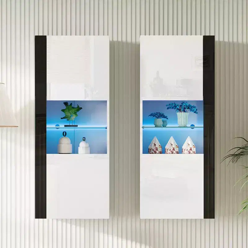 Wall Storage Cabinets with LED Lights, Modern Hanging Cabinets for Living Room/Bedroom, Set of 2