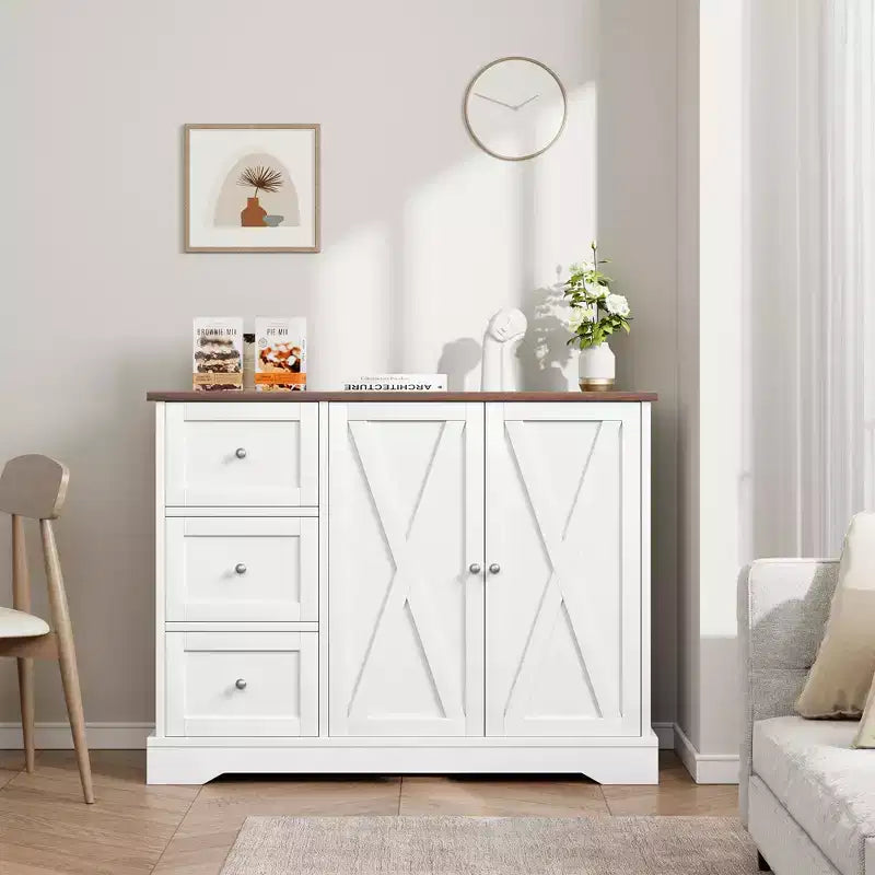 Credenza farmhouse da 42 pollici con vano portaoggetti, mobile bar per il caffè con 3 cassetti, credenza per cucina, sala da pranzo e soggiorno, bianca