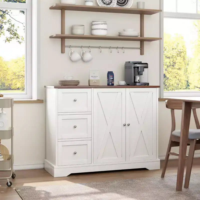 Credenza farmhouse da 42 pollici con vano portaoggetti, mobile bar per il caffè con 3 cassetti, credenza per cucina, sala da pranzo e soggiorno, bianca