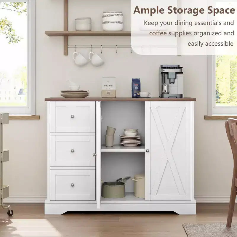 Credenza farmhouse da 42 pollici con vano portaoggetti, mobile bar per il caffè con 3 cassetti, credenza per cucina, sala da pranzo e soggiorno, bianca
