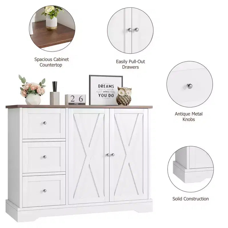 Credenza farmhouse da 42 pollici con vano portaoggetti, mobile bar per il caffè con 3 cassetti, credenza per cucina, sala da pranzo e soggiorno, bianca