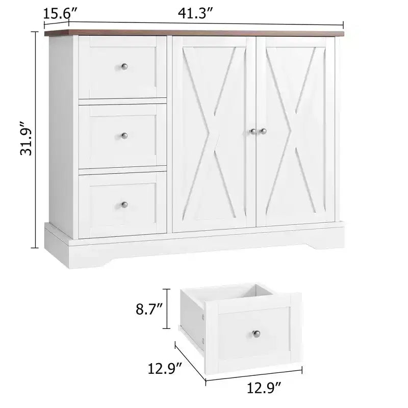 Credenza farmhouse da 42 pollici con vano portaoggetti, mobile bar per il caffè con 3 cassetti, credenza per cucina, sala da pranzo e soggiorno, bianca