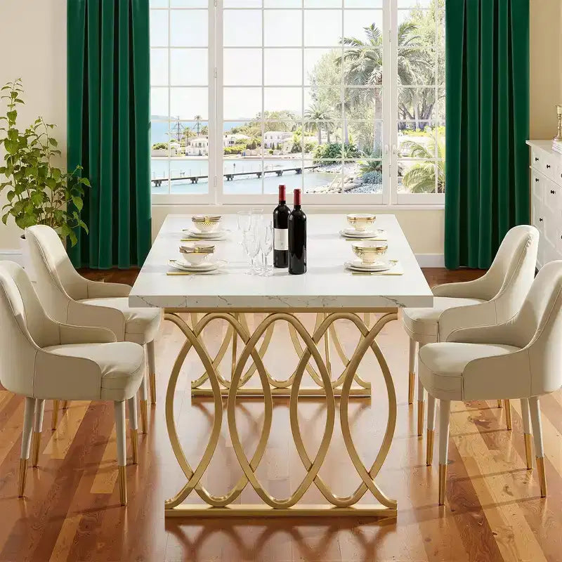 Tavolo da pranzo da 63 pollici per 4-6 persone, piano in finto marmo bianco, struttura in acciaio dorato, tavolo da cucina con piedini regolabili