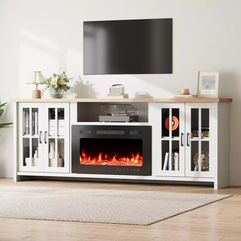 Mobile TV da 78 con camino integrato, per TV fino a 90, stile rustico, con ampio spazio contenitivo, luci LED e ripiani regolabili