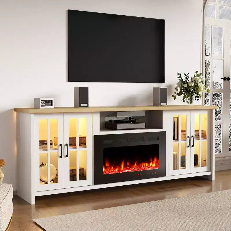 Mobile TV da 78 con camino integrato, per TV fino a 90, stile rustico, con ampio spazio contenitivo, luci LED e ripiani regolabili