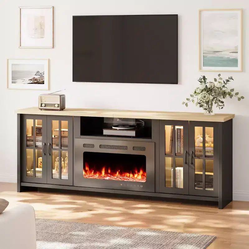 Mobile TV da 78 con camino integrato, per TV fino a 90, stile rustico, con ampio spazio contenitivo, luci LED e ripiani regolabili