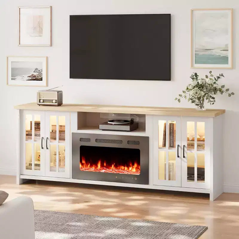 Mobile TV da 78 con camino integrato, per TV fino a 90, stile rustico, con ampio spazio contenitivo, luci LED e ripiani regolabili