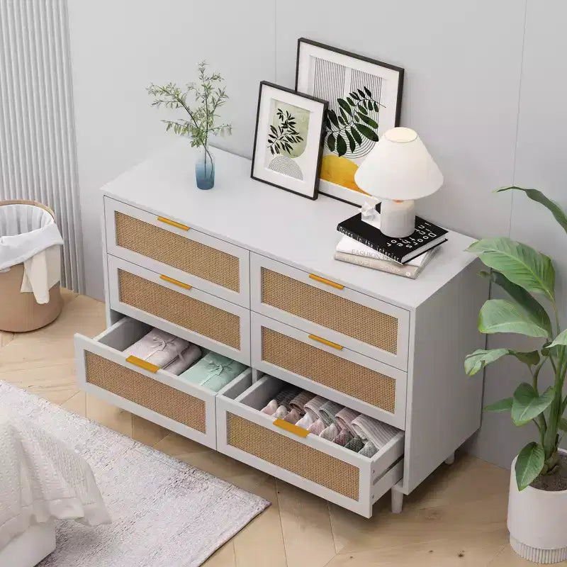 43.316-Drawers Rattan Storage Cabinet Rattan Drawer,for Bedroom,Living Room,White