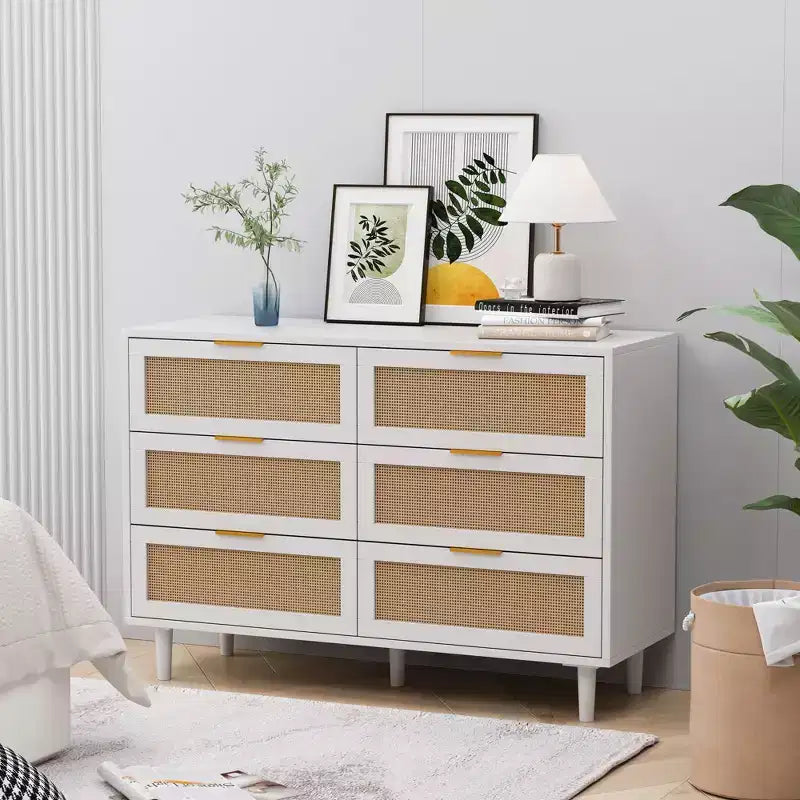 43.316-Drawers Rattan Storage Cabinet Rattan Drawer,for Bedroom,Living Room,White