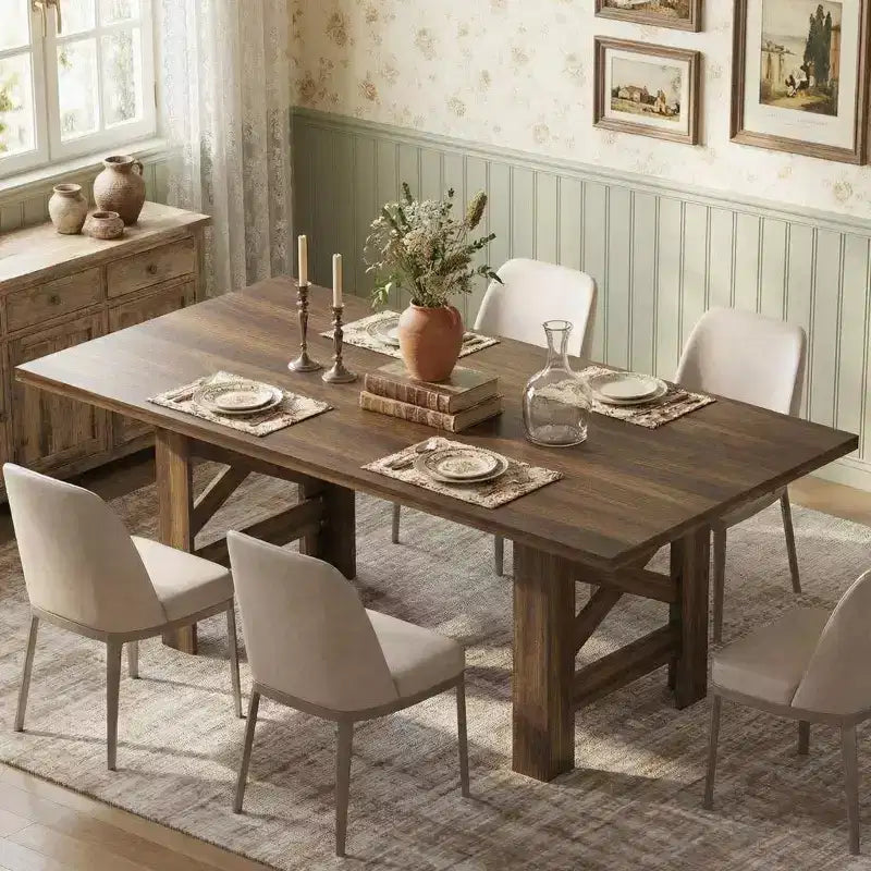 Tavolo da pranzo in stile rustico da 71 per 6-8 persone, tavolo da cucina rettangolare in legno con robusta base a cavalletto per riunioni di famiglia