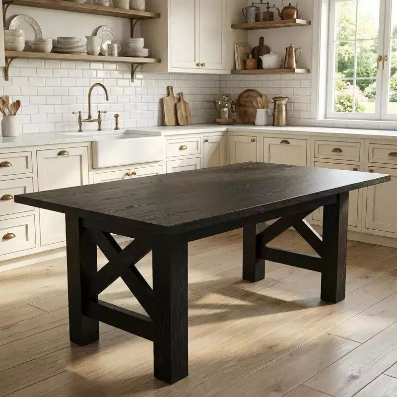 Tavolo da pranzo in stile rustico da 71 per 6-8 persone, tavolo da cucina rettangolare in legno con robusta base a cavalletto per riunioni di famiglia