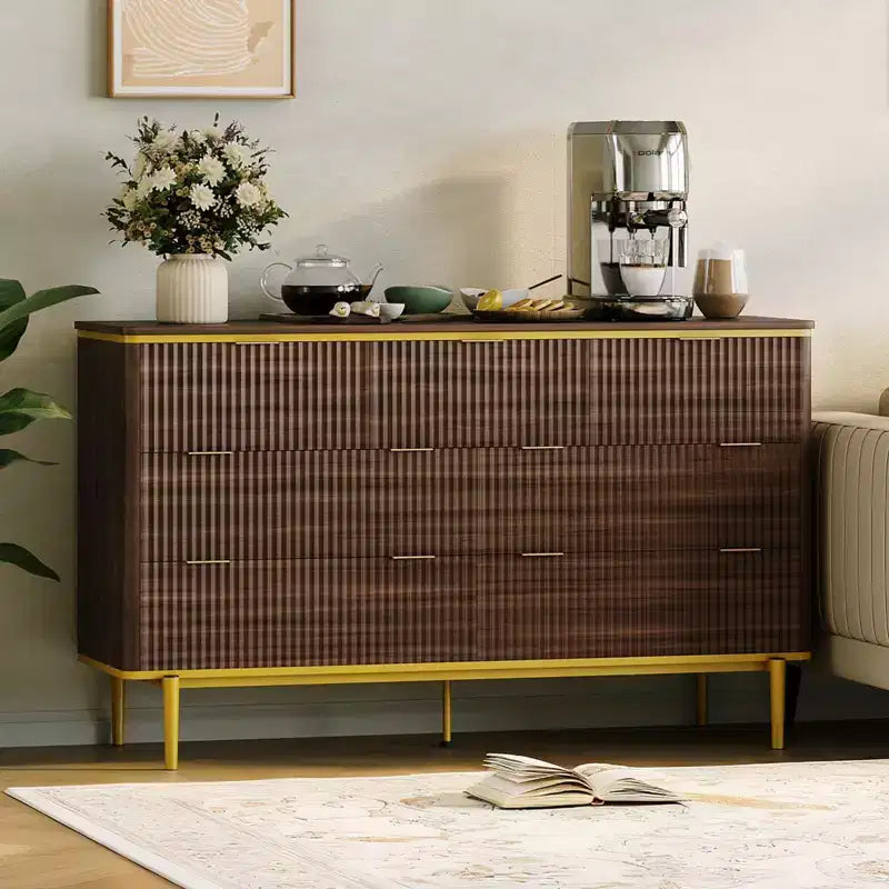 7 Drawers Dresser for Bedroom, 54in Wide Fluted Chest of Drawers Dresser Wood Storage Cabinet Curved Design TV Stand with Gold Metal Handles