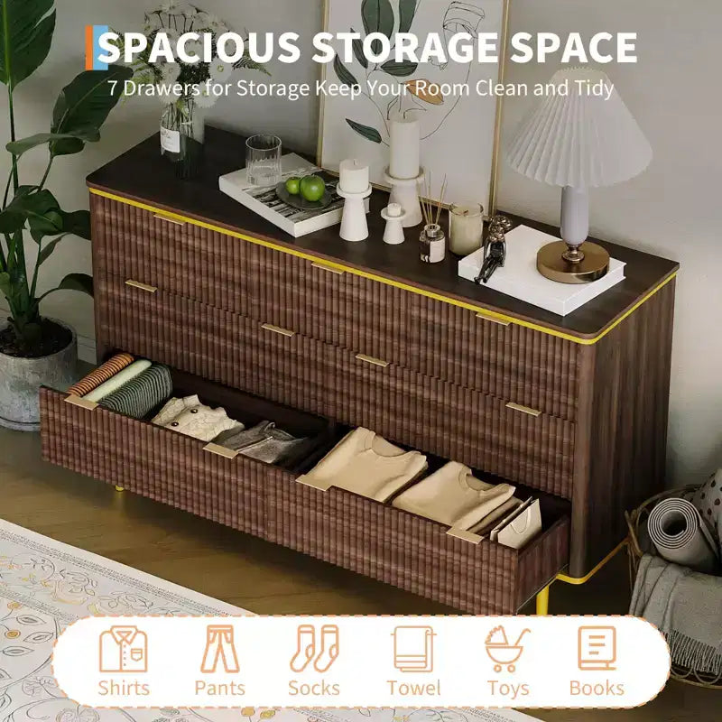 7 Drawers Dresser for Bedroom, 54in Wide Fluted Chest of Drawers Dresser Wood Storage Cabinet Curved Design TV Stand with Gold Metal Handles