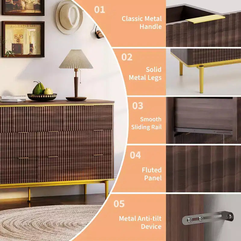 7 Drawers Dresser for Bedroom, 54in Wide Fluted Chest of Drawers Dresser Wood Storage Cabinet Curved Design TV Stand with Gold Metal Handles