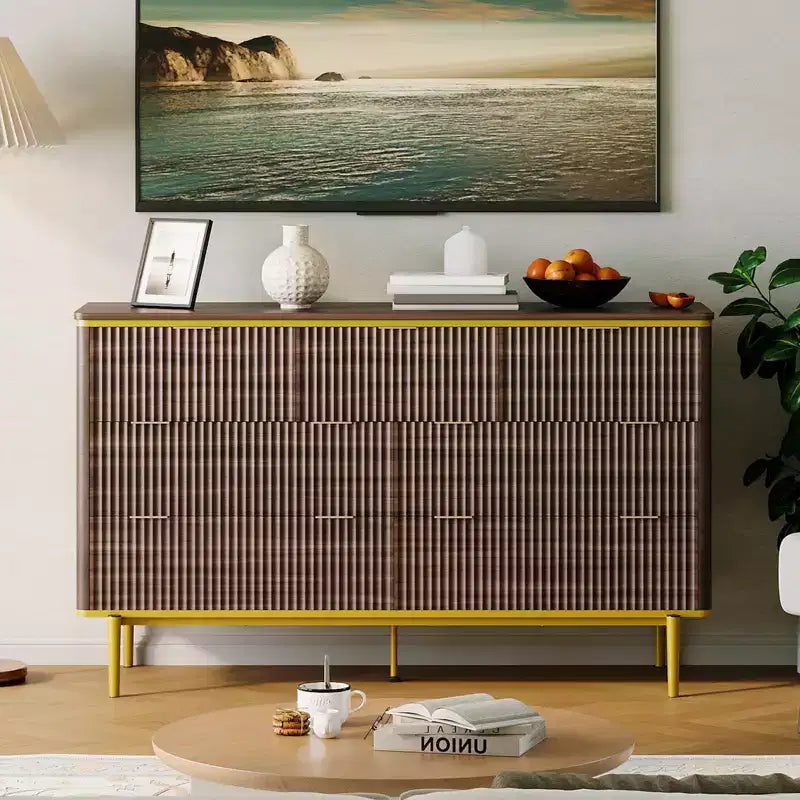 7 Drawers Dresser for Bedroom, 54in Wide Fluted Chest of Drawers Dresser Wood Storage Cabinet Curved Design TV Stand with Gold Metal Handles