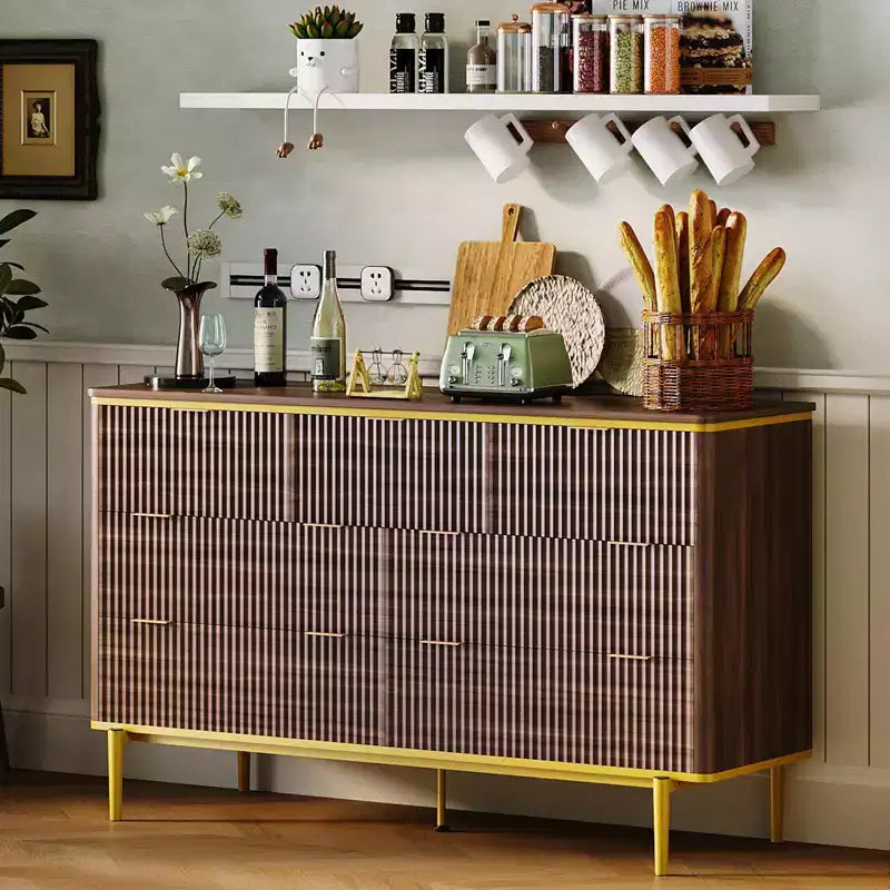 7 Drawers Dresser for Bedroom, 54in Wide Fluted Chest of Drawers Dresser Wood Storage Cabinet Curved Design TV Stand with Gold Metal Handles