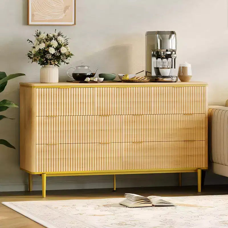 7 Drawers Dresser for Bedroom, 54in Wide Fluted Chest of Drawers Dresser Wood Storage Cabinet Curved Design TV Stand with Gold Metal Handles