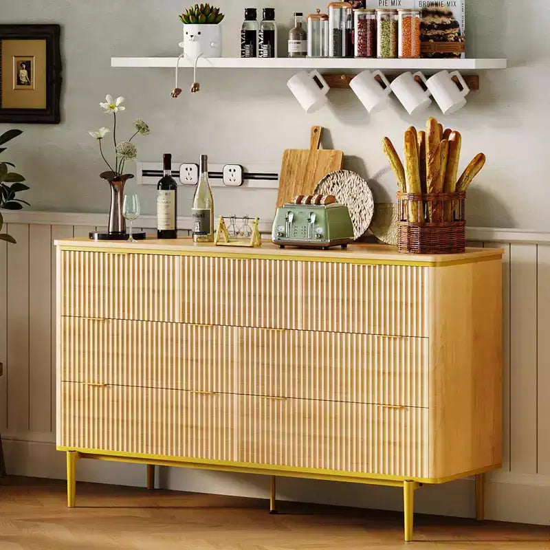 7 Drawers Dresser for Bedroom, 54in Wide Fluted Chest of Drawers Dresser Wood Storage Cabinet Curved Design TV Stand with Gold Metal Handles