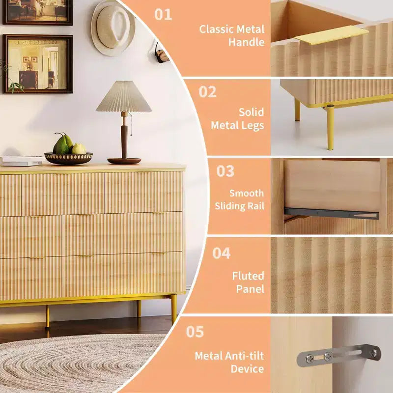 7 Drawers Dresser for Bedroom, 54in Wide Fluted Chest of Drawers Dresser Wood Storage Cabinet Curved Design TV Stand with Gold Metal Handles