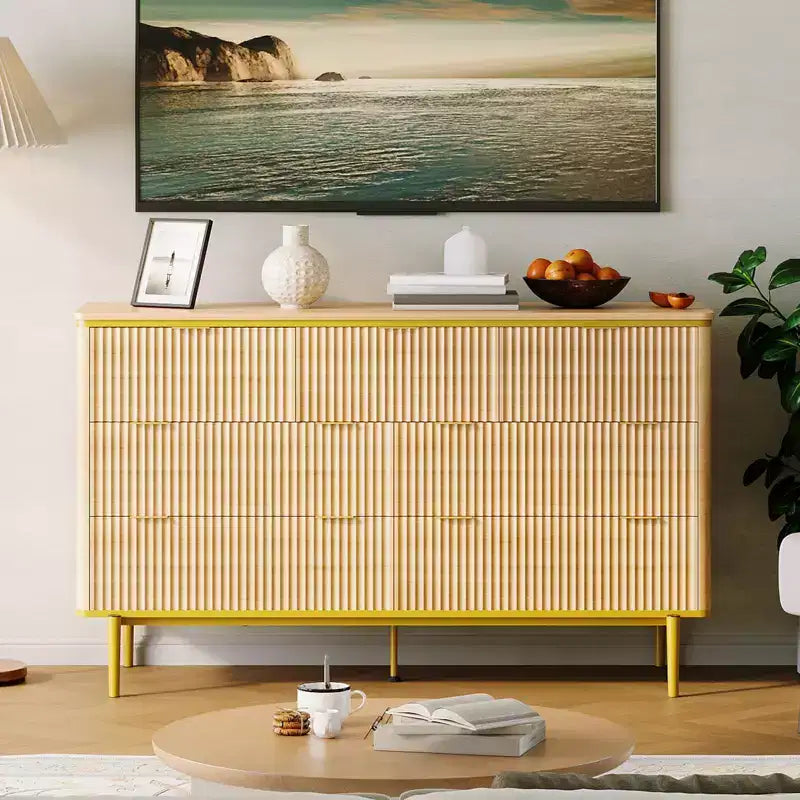 7 Drawers Dresser for Bedroom, 54in Wide Fluted Chest of Drawers Dresser Wood Storage Cabinet Curved Design TV Stand with Gold Metal Handles