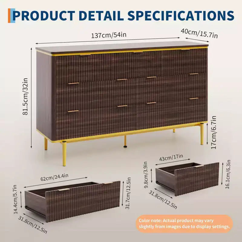 7 Drawers Dresser for Bedroom, 54in Wide Fluted Chest of Drawers Dresser Wood Storage Cabinet Curved Design TV Stand with Gold Metal Handles