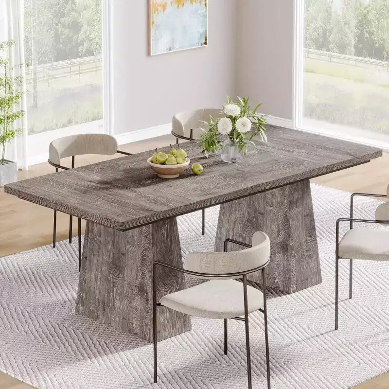 Dining Table for 6, Farmhouse Wood Rectangular Kitchen Table with Double Pedestal, 63 L x 31.5 W x 30 H, Grey