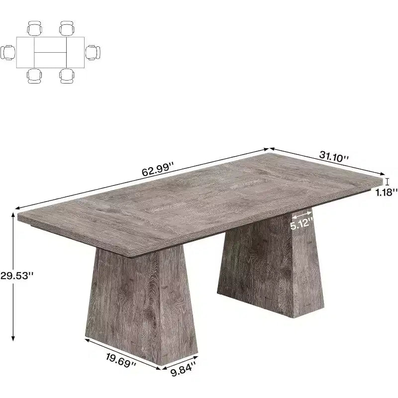 Stół do jadalni dla 6 osób, prostokątny stół kuchenny w stylu rustykalnym z drewna, z podwójną podstawą, 63 L x 31.5 W x 30 H, szary