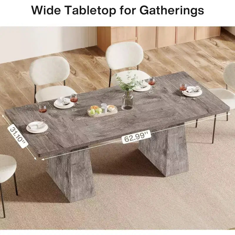 Dining Table for 6, Farmhouse Wood Rectangular Kitchen Table with Double Pedestal, 63 L x 31.5 W x 30 H, Grey