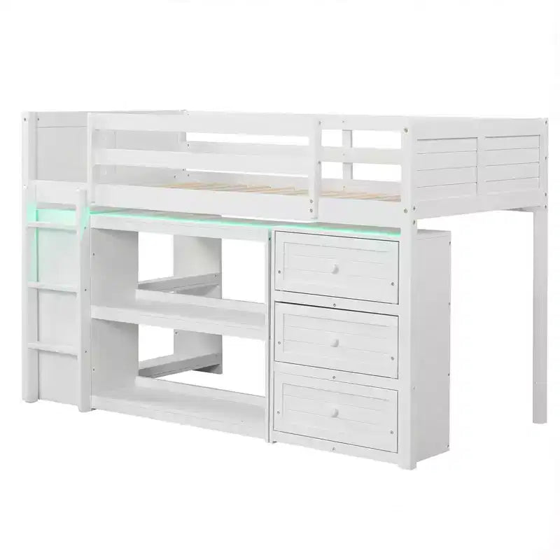 Letto a soppalco singolo con luci LED, spazio sottostante, cassetti, ripiani e scala, grigio/bianco