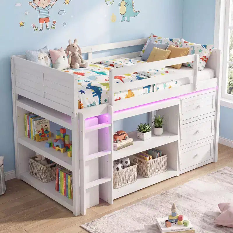 Letto a soppalco singolo con luci LED, spazio sottostante, cassetti, ripiani e scala, grigio/bianco
