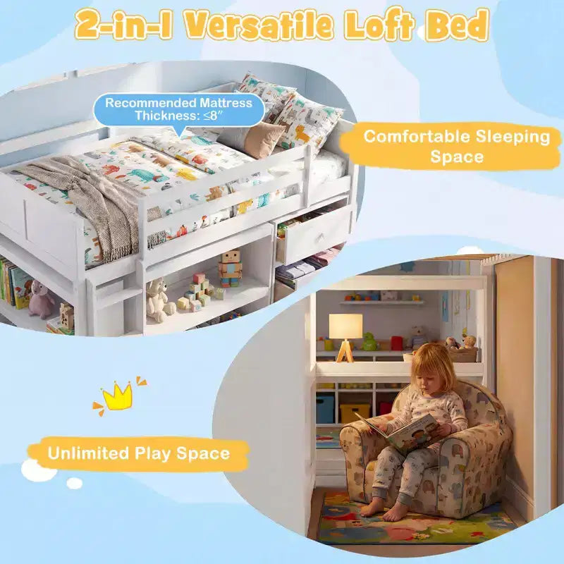 Letto a soppalco singolo con luci LED, spazio sottostante, cassetti, ripiani e scala, grigio/bianco