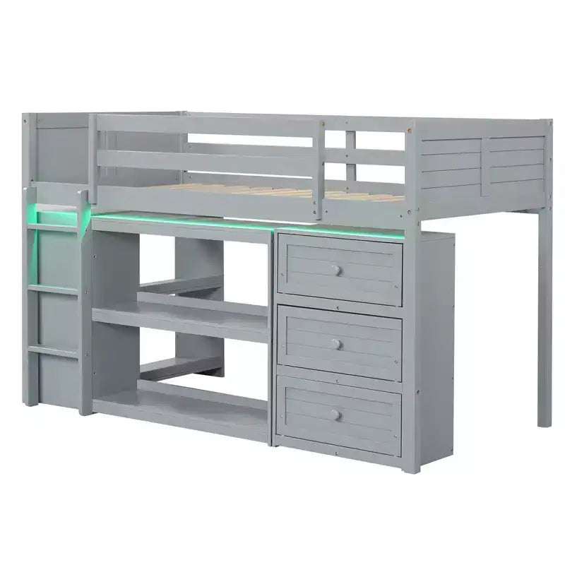 Twin Size Loft Bed with LED Lights Underbed Space Drawers Shelves Ladder Gray/White