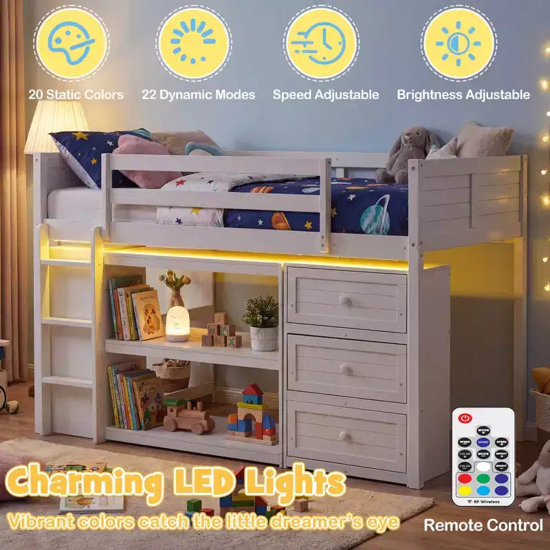 Letto a soppalco singolo con luci LED, spazio sottostante, cassetti, ripiani e scala, grigio/bianco