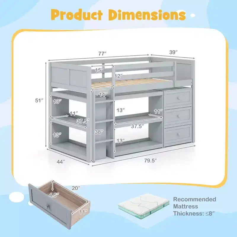 Twin Size Loft Bed with LED Lights Underbed Space Drawers Shelves Ladder Gray/White