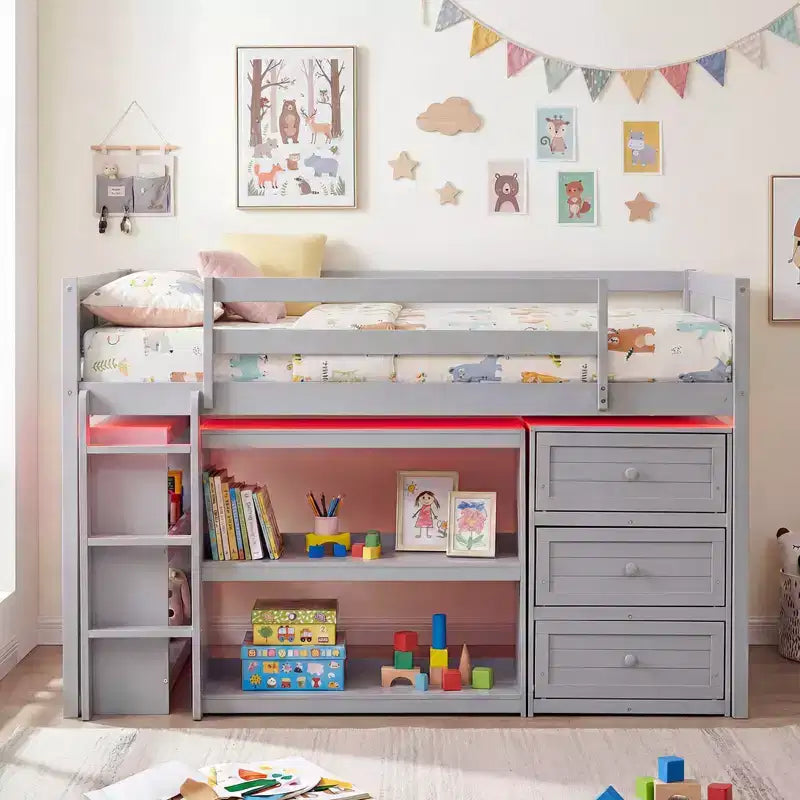 Twin Size Loft Bed with LED Lights Underbed Space Drawers Shelves Ladder Gray/White