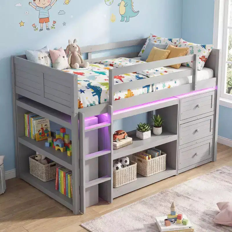 Letto a soppalco singolo con luci LED, spazio sottostante, cassetti, ripiani e scala, grigio/bianco
